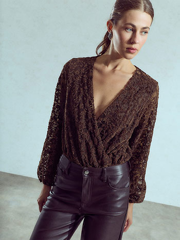 Wrap lace bodysuit in brown