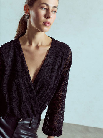 Wrap lace bodysuit in black