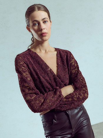 Wrap lace bodysuit in wine red