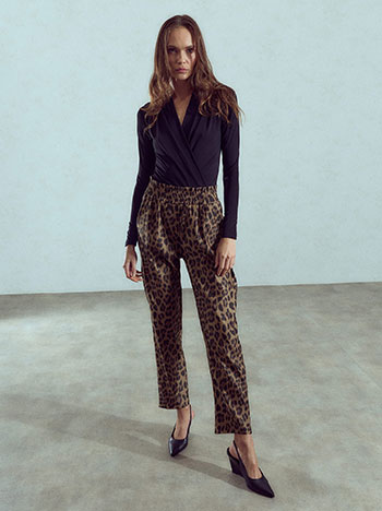 Leopard trousers with elastic waistband in brown