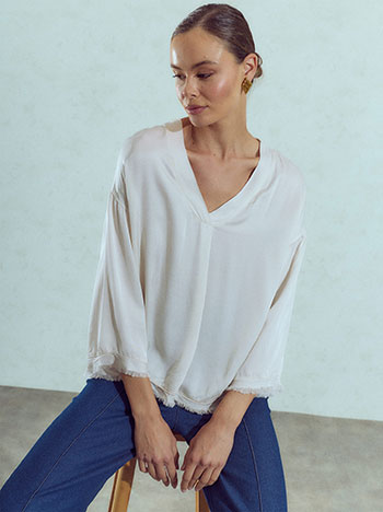 Satin raw hem blouse in light beige