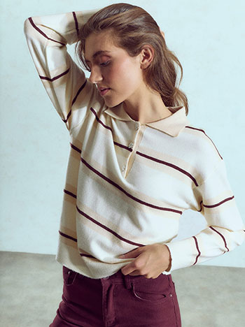 Striped sweater with collar in beige