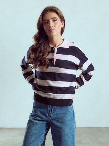 Striped sweater with collar in pink