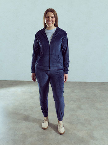 Solid velvet tracksuit set in dark blue