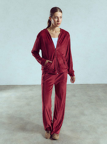 Velvet tracksuit set with hoodie in wine red