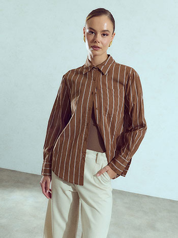 Cotton striped shirt with pocket in brown