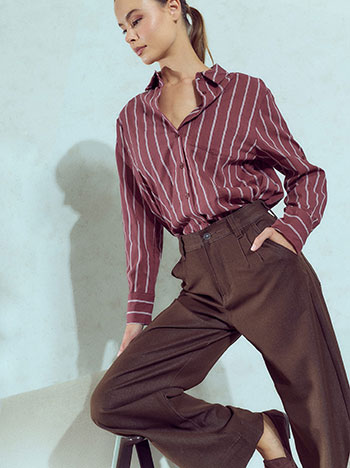 Cotton striped shirt with pocket in wine red