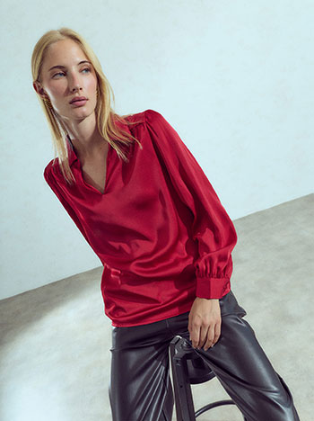 Satin blouse with collar in dark red