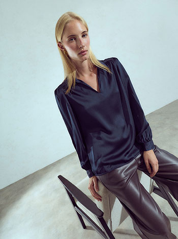Satin blouse with collar in dark blue