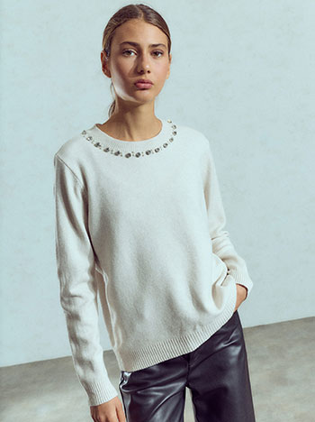 Strass and pearl embellished sweater in beige