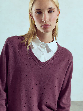 Knit sweater with shirt inserts in dark purple