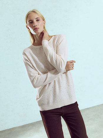 Sweater with rhinestones in light beige