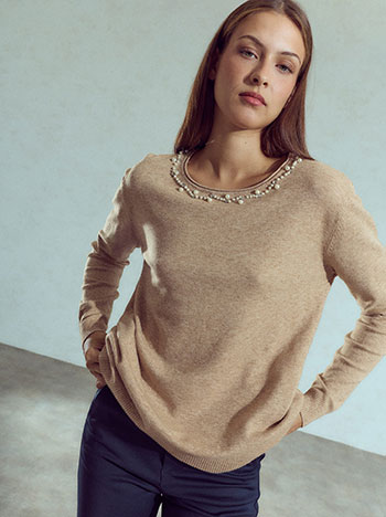Sweater with pearl-embellished neckline in dark beige