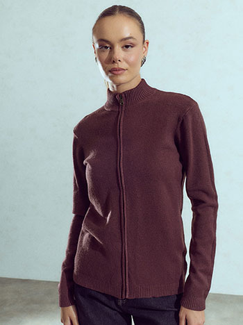 Knit cardigan with zip fastening in aubergine