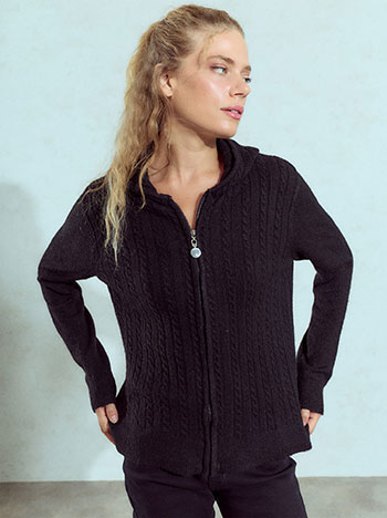 Knit cardigan with hoodie in black