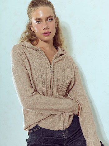 Knit cardigan with hoodie in beige