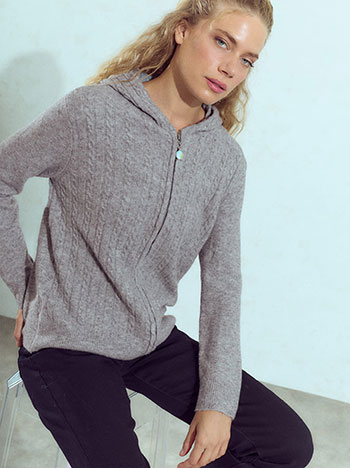 Knit cardigan with hoodie in grey