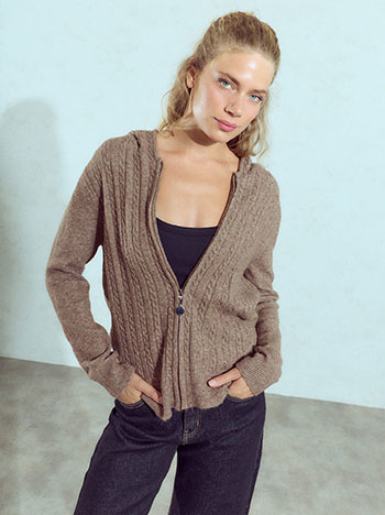 Knit cardigan with hoodie in light brown