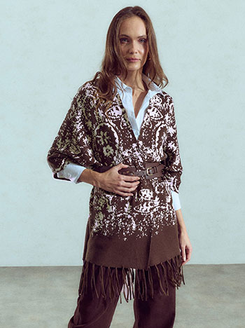 Fringed printed cape in brown