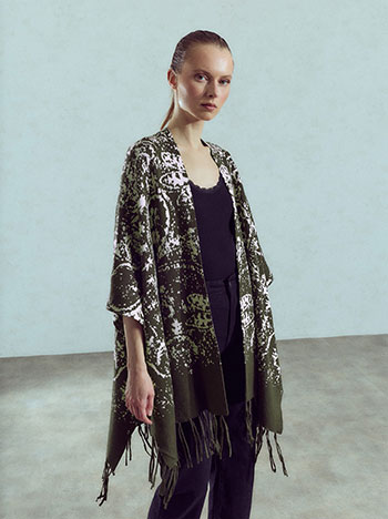 Fringed printed cape in khaki