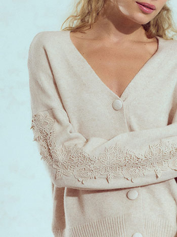 Cardigan with embroidered sleeves in beige