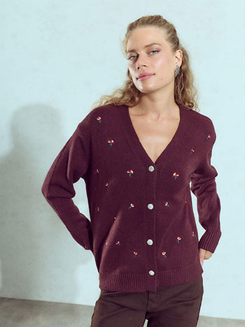 Cardigan with embroidered flowers in dark purple