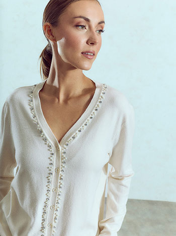Cardigan with strass and pearls in light beige