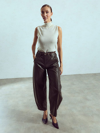 Faux leather barrel trousers in dark brown