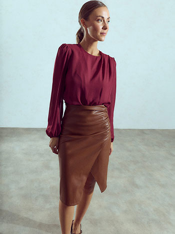 Skirt midi leather effect with ruching in camel