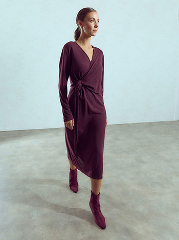 Tie-front midi knit dress in dark purple