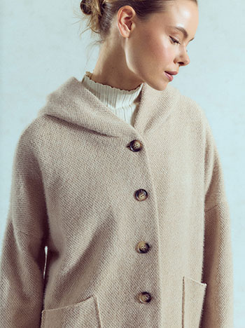 Fluffy cardigan with hoodie in beige