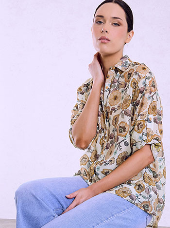 Floral semi-sheer shirt in brown