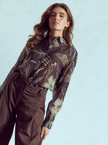 Semi-sheer printed shirt in brown