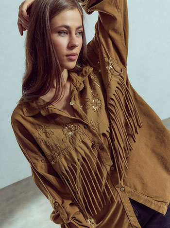 Corduroy shirt with fringes in camel