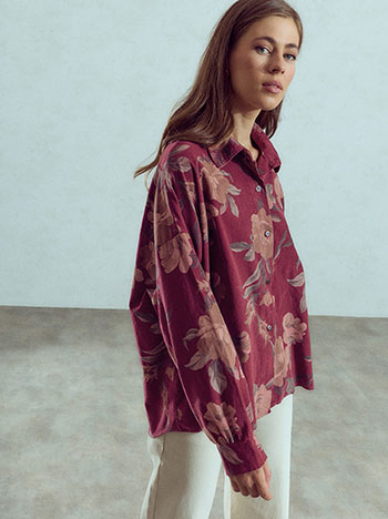 Corduroy floral shirt in wine red