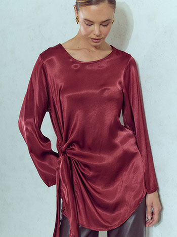 Satin blouse with side tie detail in wine red