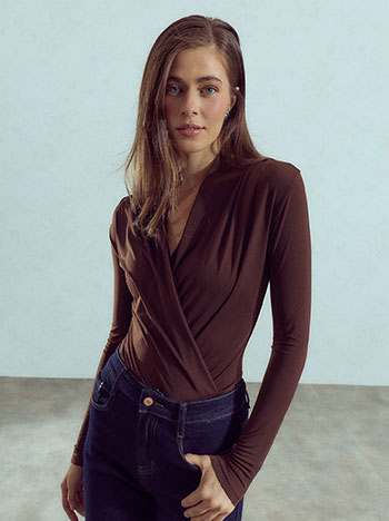 Bodysuit wrap front with pleats in brown