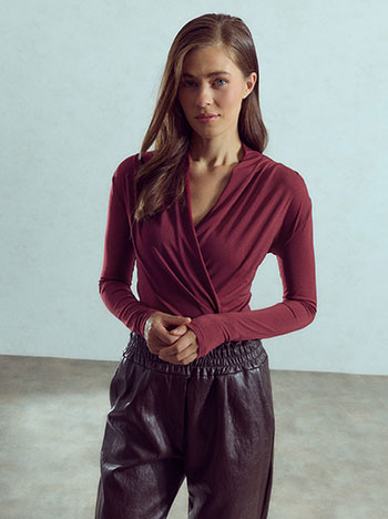 Bodysuit wrap front with pleats in wine red