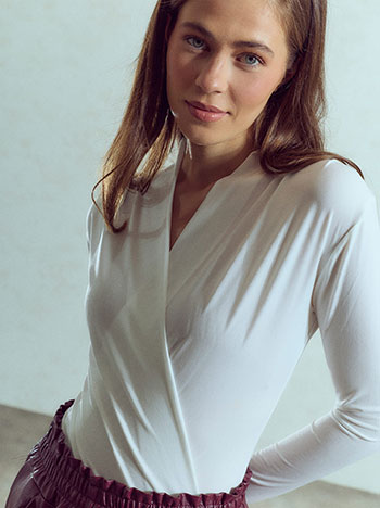 Bodysuit wrap front with pleats in off white