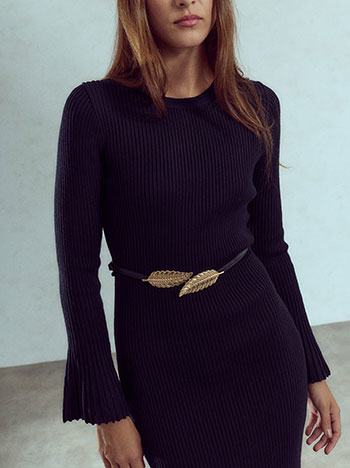 Ribbed midi dress with belt in black