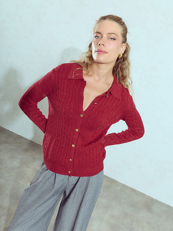 Metallic cardigan with collar in wine red