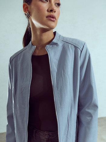 Faux leather biker jacket in sky blue
