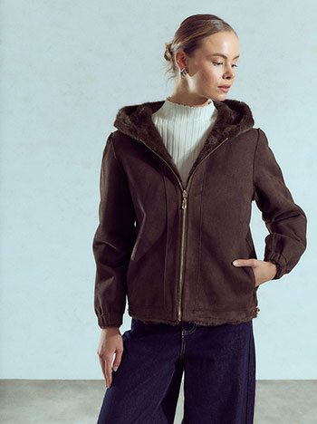 Reversible suede and faux fur jacket in dark brown