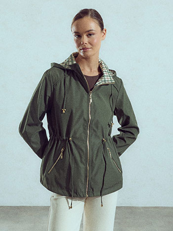 Reversible jacket with a plaid side in khaki