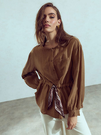 Shirt with waist scarf in brown