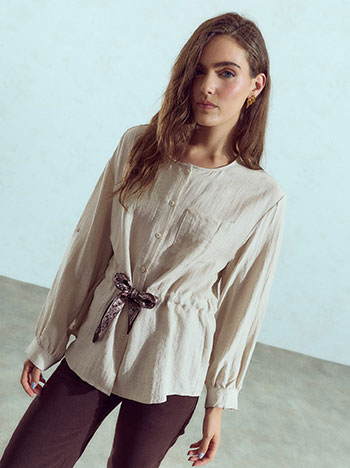 Shirt with waist scarf in beige