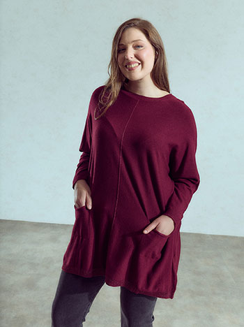 Long sweater with pockets in wine red