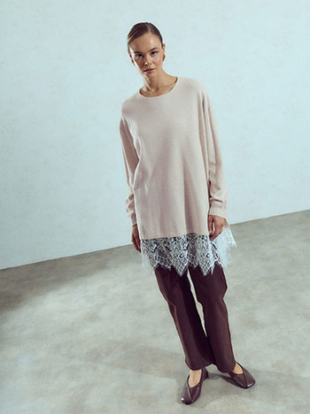 Long sweater with lace hem in light beige