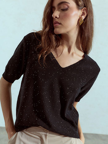 Short-sleeved sequined sweater in black