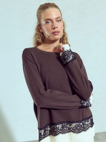 Sweater with lace detail in brown